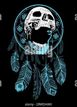 T-shirt Skull con catcher da sogno su sfondo nero. Illustrazione Vettoriale