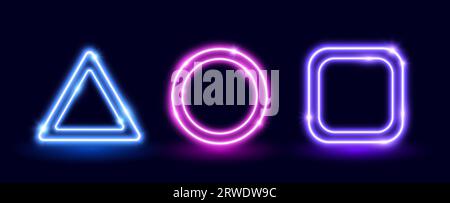 Set di cornici blu neon. Collezione di forme quadrate, triangolari e circolari illuminate. Elementi di design dell'illuminazione a colori neon per banner, poster e collage. Pacchetto illustrativo dei simboli di brillamento vettoriale Illustrazione Vettoriale