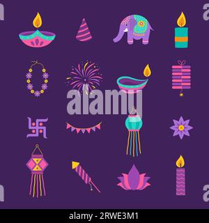 Elementi Diwali. Set di icone del festival indiano delle luci. Cartelli deepavali colorati su sfondo viola. Illustrazione vettoriale in stile cartone animato piatto Illustrazione Vettoriale