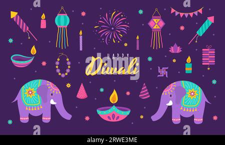 Elementi Diwali. Set di icone del festival indiano delle luci. Cartelli deepavali colorati su sfondo viola. Illustrazione vettoriale in stile cartone animato piatto Illustrazione Vettoriale
