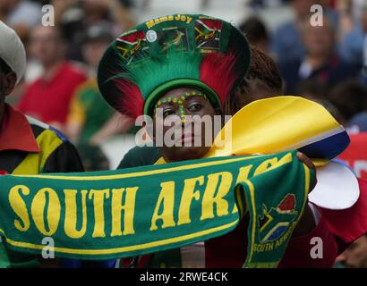 Bordeaux, Francia. 17 settembre 2023. Sostenitore del Sudafrica durante la Coppa del mondo 2023, partita di rugby a 15 della Pool B tra Sudafrica e Romania il 17 settembre 2023 al Matmut Atlantique di Bordeaux, Francia. Foto di Laurent Lairys/ABACAPRESS.COM Credit: Abaca Press/Alamy Live News Foto Stock