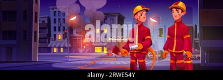 Due vigili del fuoco davanti al fuoco in città. Uomini in uniforme e casco con tubo, ascia ed estintore che lavorano per spegnere il fuoco in casa. Edificio in fiamme in città e dipendenti del servizio di emergenza. Illustrazione Vettoriale