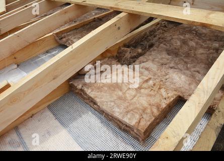 Isolamento del tetto. Isolamento del tetto della casa con lana minerale e barriera al vapore Foto Stock