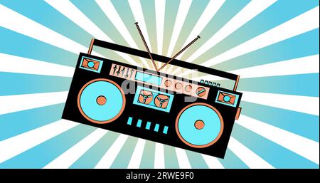 Registratore di cassette audio retrò vecchio hipster vintage per geek degli anni '70, '80 e '90 su sfondo blu. Foto Stock