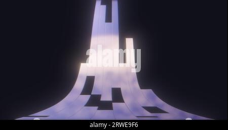 Linee e strisce luminose metalliche astratte e luminose nei raggi di luce volano verso l'alto su uno sfondo scuro. Sfondo astratto. Foto Stock