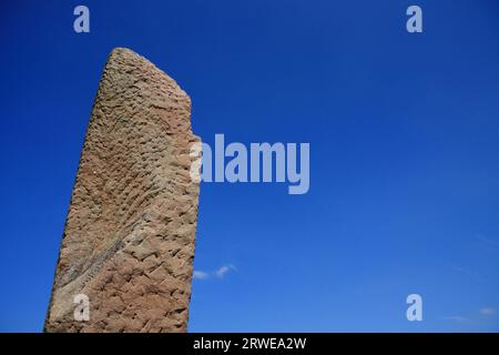 Menhir sulla strada della scultura a Wellingen in Saarland, sfondo blu cielo Foto Stock