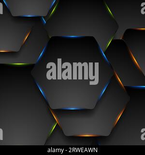 Esagoni tecnologici neri con luci colorate e sfondo astratto. Progettazione geometrica al neon vettoriale Illustrazione Vettoriale