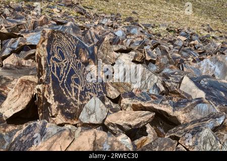 Rocce con antichi simboli incisi su Saimaluu Tash sito in Kirghizistan Foto Stock