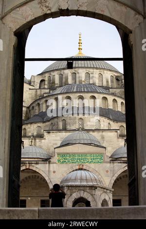 Ammira l'architettura storica della Moschea Blu di Istanbul, Turchia, attraverso il cancello principale Foto Stock