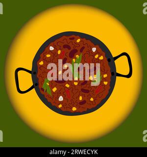 Peperoncino con carne in una teglia di ghisa su uno sfondo tagliato di carta. Piatti speziati messicani tradizionali. EPS. Design vettoriale per biglietti di auguri o biglietti d'invito, poster, banner, brochure o menu di bar e caffè Illustrazione Vettoriale