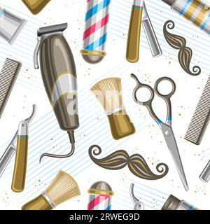 Modello Vector Barbershop senza cuciture, sfondo ripetuto con illustrazioni di attrezzature da barbiere per carta da parati, poster quadrato decorativo con flyin Illustrazione Vettoriale