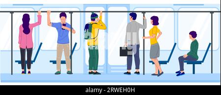 Persone diverse sedute e in piedi nei trasporti pubblici Illustrazione Vettoriale