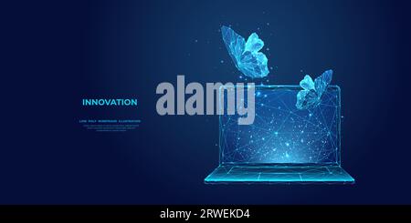 Le farfalle astratte sfrecciano sull'ologramma sopra il notebook. Illustrazione Vettoriale