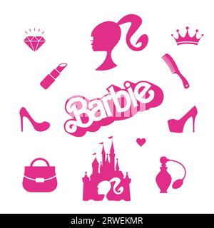 Collezione di accessori Barbie. Illustrazione vettoriale editoriale in stile piatto. Icone rosa alla moda Illustrazione Vettoriale