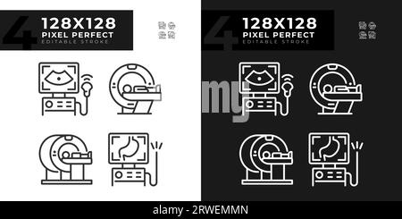 Tecnologia di imaging medicale icone lineari pixel Perfect impostate per la modalità luce e buio Illustrazione Vettoriale
