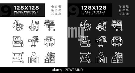 Set di icone lineari con tecnologia medica pixel Perfect per la modalità luce e buio Illustrazione Vettoriale