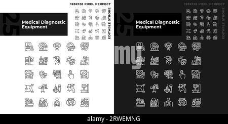 Set di icone lineari pixel Perfect per apparecchiature diagnostiche medicali per modalità scura e luminosa Illustrazione Vettoriale