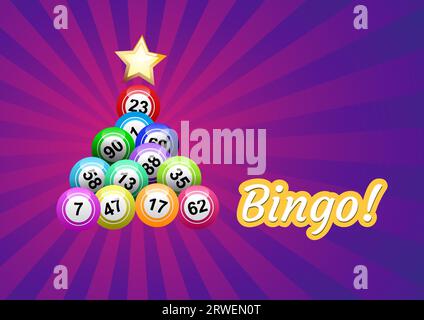 Albero di Natale realizzato con numeri di bingo su sfondo viola e rosa. Illustrazione vettoriale Illustrazione Vettoriale
