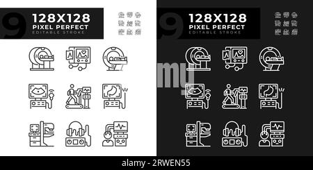 Tecnologia sanitaria pixel Perfect icone lineari impostate per la modalità luce e buio Illustrazione Vettoriale