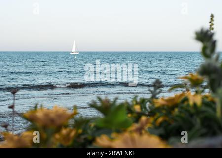 splendido paesaggio marino una barca a vela bianca sta navigando nel mare, c'è un posto per un'iscrizione Foto Stock