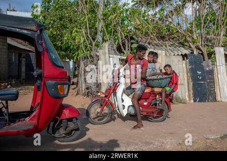 Un ragazzo tiene in mano un cesto di pesce di sardine essiccato mentre è seduto sul retro della moto del padre sulla spiaggia di Negombo in Sri Lanka. Foto Stock