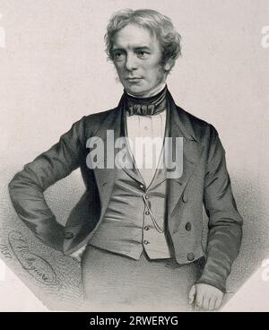 Michael Faraday (22 settembre 1791 - 25 agosto 1867) è stato un naturalista inglese considerato uno dei più importanti fisici sperimentali, storica riproduzione digitalmente restaurata di un originale di quel periodo Foto Stock