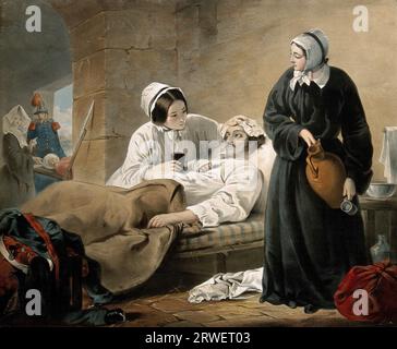 Florence Nightingale, ospedale militare con feriti di guerra (12 maggio 1820 - 13 agosto 1910), è stato un'infermiera britannica, statistica, fondatrice della moderna infermiera occidentale, e influente riformatore di servizi igienici e sanitari in Gran Bretagna e India britannica, storica riproduzione restaurata digitalmente di un originale di quel periodo Foto Stock