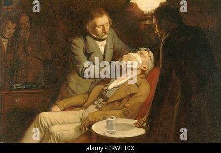 Dentista, il primo uso di etere per anestesia in chirurgia dentale, 1846, storica, riproduzione restaurata digitalmente di un originale del tempo. Foto Stock
