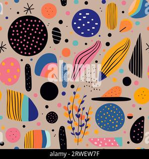 Crea un motivo senza cuciture con forma e oggetto ingenui disegnati a mano. Design vettoriale contemporaneo astratto e colorato per stampa tessile, tessuto, imballaggio, copertina Illustrazione Vettoriale