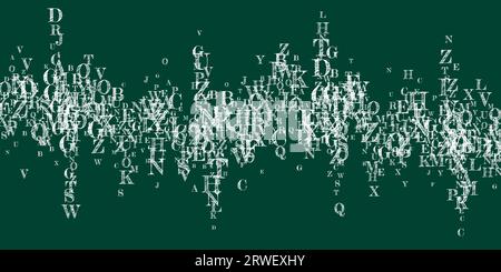 Lettere di lingua inglese cadenti. Caratteri gessati bianchi dell'alfabeto latino. Concetto di studio delle lingue straniere. Banner di ritorno a scuola sullo sfondo della lavagna. Illustrazione Vettoriale