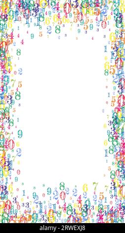 Numeri sparsi. Coloratissime cifre infantili che volano caotiche. Banner di matematica di ritorno a scuola su sfondo bianco. Illustrazione vettoriale dei numeri in caduta. Illustrazione Vettoriale