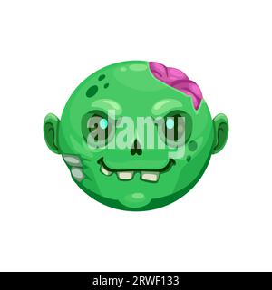 L'emoji zombie del cartone animato di Halloween raffigura un volto verdastro vettoriale in decomposizione con occhi vuoti e luminosi, il cervello rosa a testa incrinata e la carne marcisce, a simboleggiare le vibrazioni dei non morti, dell'orrore e di Hallowmas Illustrazione Vettoriale
