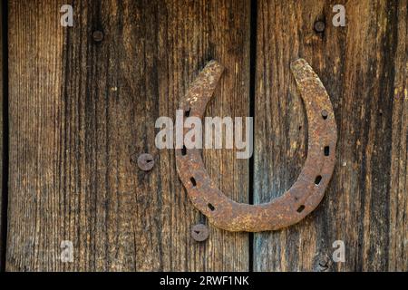 ferro di cavallo per buona fortuna sulla vecchia porta di legno. Foto Stock
