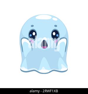Emoji di Halloween, personaggio fantasma sorpreso con occhi ampi e sorpresi ed espressione a bocca aperta, evocando un affascinante mix di paura e innocenza. Lo spettro kawaii vettoriale isolato irradia meraviglia Illustrazione Vettoriale