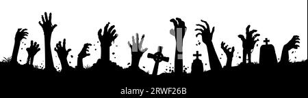 Banner di Halloween con mani zombie sagome e lapidi sul cimitero e sullo sfondo vettoriale. Banner notturno horror per le vacanze di Halloween con mani zombie morte e non morte che si estendono dalle tombe Illustrazione Vettoriale