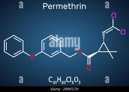 Molecola di permetrina. È insetticida e farmaco, utilizzato nel trattamento di infestazioni da pidocchi e scabbia. Formula chimica strutturale sul blu scuro Illustrazione Vettoriale