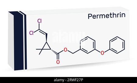 Molecola di permetrina. È insetticida e farmaco, utilizzato nel trattamento di infestazioni da pidocchi e scabbia. Formula chimica scheletrica. Imballaggio di carta Illustrazione Vettoriale