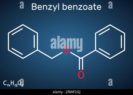 Molecola benzoato di benzile. È un trattamento topico per scabbia e pidocchi. Formula chimica strutturale su sfondo blu scuro. Illustrazione vettoriale Illustrazione Vettoriale