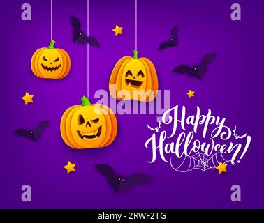 Zucche e pipistrelli volanti tagliati di carta di Halloween, un trick spettrale o un biglietto d'auguri natalizio. Lanterne di zucca Vector 3d a taglio cartaceo con volti divertenti scolpiti, pipistrelli origami, stelle d'oro e ragnatele Illustrazione Vettoriale