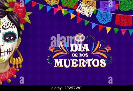 Day of Dead o bandiera di vacanza dia De Los Muertos con bandiere Catrina e papel picado garland, sfondo vettoriale. festa natalizia messicana con teschio di calavera e ornamento floreale di fiori di etnia latina Illustrazione Vettoriale