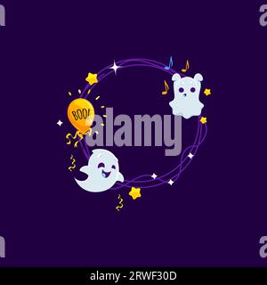 Cornice per le vacanze di Halloween con fantasmi kawaii. Bordo rotondo vettoriale vuoto adornato da adorabili spettri dei cartoni animati che recitano boo, stelle, palloncini, coriandoli e note musicali, perfetto per catturare ricordi spettrali Illustrazione Vettoriale