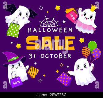 Banner di Halloween con simpatici fantasmi kawaii e borse della spesa. Carta con offerta speciale Vector o buono sconto per divertenti personaggi dei cartoni animati fantasmi, cappello da strega, ali da pipistrello, palloncini aerei e corona Illustrazione Vettoriale
