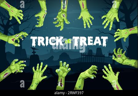 Striscione di mani zombie di Halloween per le serate horror natalizie e feste di scherzo o scherzo, sfondo vettoriale. Orribili mani verdi zombie o non morti che si avvicinano alla tomba del cimitero con pietre tombali Illustrazione Vettoriale