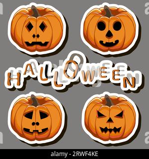 Illustrazione sull'adesivo a tema per festeggiare Halloween con zucche arancioni Illustrazione Vettoriale