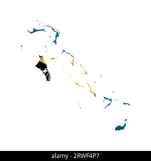 Illustrazione vettoriale isolata con bandiera nazionale delle Bahamas con forma della mappa delle isole (semplificata). Ombreggiatura del volume sulla mappa. Sfondo bianco. Illustrazione Vettoriale