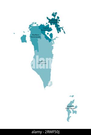 Illustrazione vettoriale isolata della mappa amministrativa semplificata del Bahrein. Confini e nomi dei governatorati (regioni). Sagoma kaki blu colorato Illustrazione Vettoriale