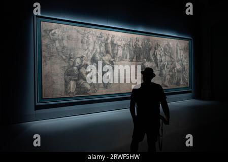 Sagoma retroilluminata di un visitatore che ammira il cartone preparatorio della Scuola di Atene di Raffaello, situato nella Biblioteca Ambrosiana di Milano, Italia Foto Stock