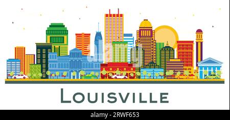 Louisville, Kentucky, USA City Skyline con edifici colorati isolati su bianco. Illustrazione vettoriale. Business Travel and Tourism Concept. Illustrazione Vettoriale