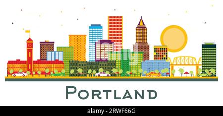 Portland Oregon City Skyline con edifici colorati isolati su bianco. Illustrazione vettoriale. Business Travel and Tourism Concept con architettura moderna. Illustrazione Vettoriale