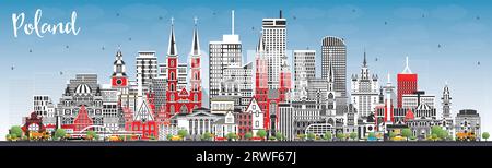 Skyline della città di Polonia con edifici grigi e cielo blu. Illustrazione vettoriale. Concetto con architettura moderna. Paesaggio urbano della Polonia con monumenti storici. Varsavia. Illustrazione Vettoriale